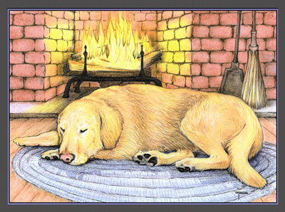 Dog resting by fireplace (print #0340603)